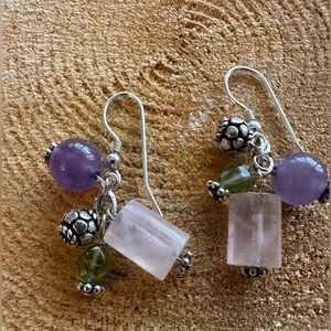 Handcrafted, amethyst, rose quartz, peridot, and Sterling silver earrings